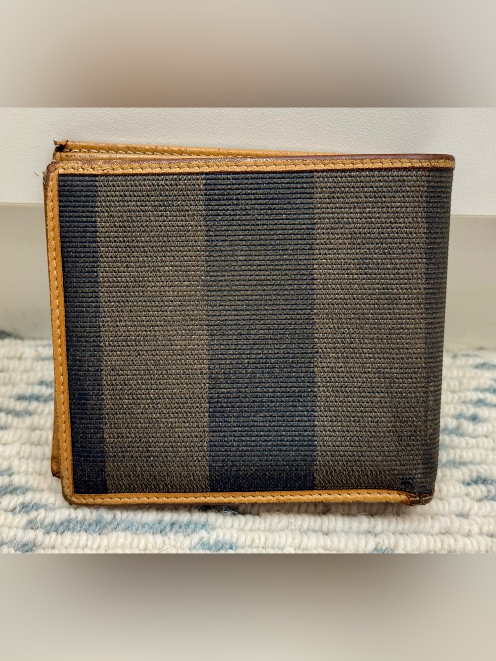 FENDI Vintage 80’s Unisex Classic Pequin Striped Canvas Brown Leather Bi Wallet - Picture 2 of 16